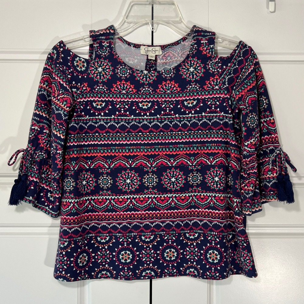 Jessica Simpson Girls Soft Cold Shoulder Flowy Top Blue Pink Patterned Size M